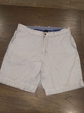 J. Crew White & Blue Striped Seersucker Flat-Front Shorts